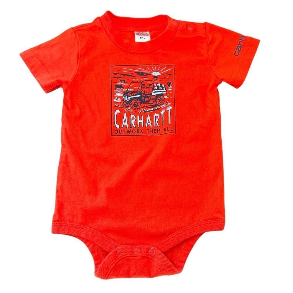Carhartt Baby Kids Short Sleeve Orange Graphic Logo Onesie Bodysuit. 12 Months.